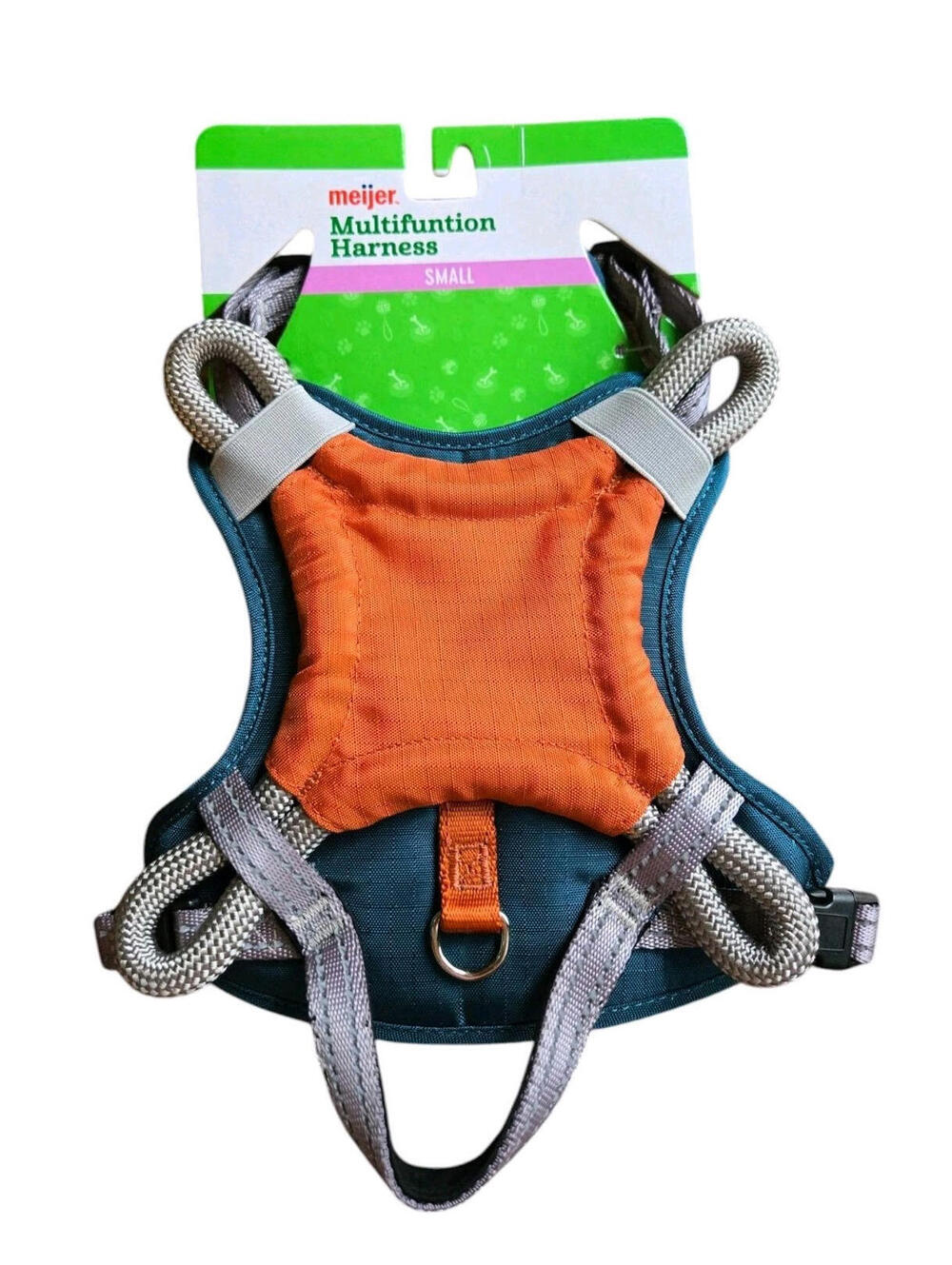 Meijer Multifunction Dog Harness Green Orange & Removable Frisbee Toy Sm 17"-20"